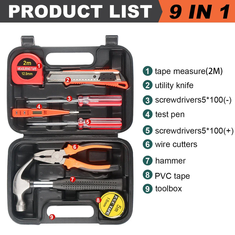 8/9/12/13Piece Tools Set General House hold Hand Tool Kit with Plastic Toolbox Storage Case