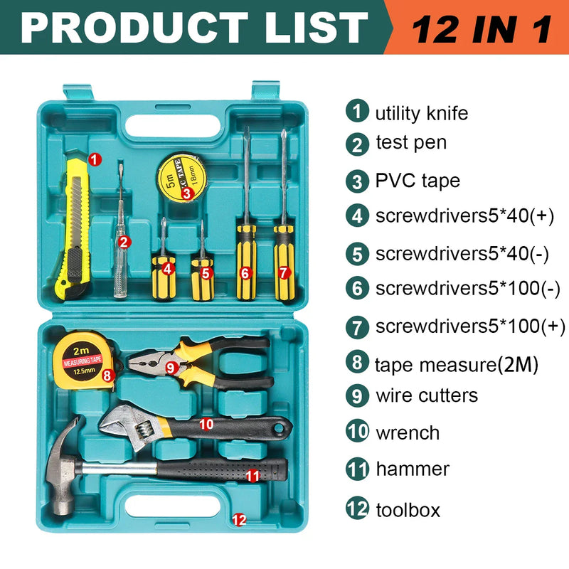 8/9/12/13Piece Tools Set General House hold Hand Tool Kit with Plastic Toolbox Storage Case