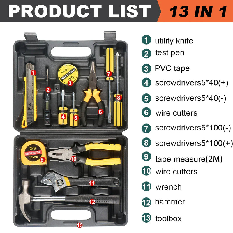 8/9/12/13Piece Tools Set General House hold Hand Tool Kit with Plastic Toolbox Storage Case