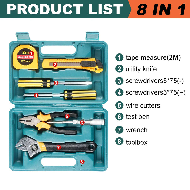 8/9/12/13Piece Tools Set General House hold Hand Tool Kit with Plastic Toolbox Storage Case