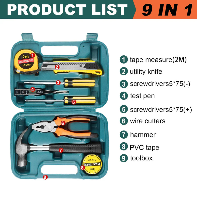 8/9/12/13Piece Tools Set General House hold Hand Tool Kit with Plastic Toolbox Storage Case